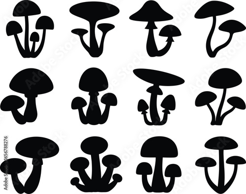 A diverse collection of black mushroom silhouettes, featuring various fungi graphic designs and symbols arranged on a white background