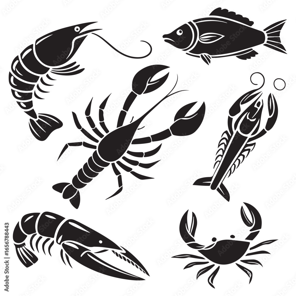 Naklejka premium Collection of diverse seafood and marine life rendered in a striking black silhouette style on a white background showcasing variety and natural forms