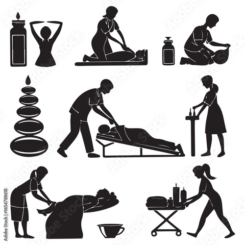 Collection of diverse spa and massage therapy silhouettes showcasing various treatments and relaxation techniques in a clean graphic style silhouette