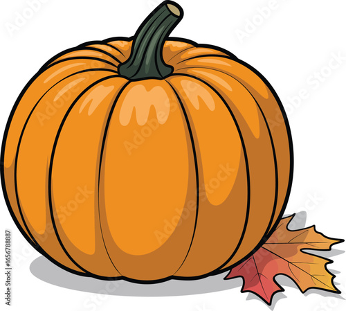 A vibrant digital illustration of a large, ripe orange pumpkin with distinct vertical ridges, accompanied by a fallen autumn leaf, perfect for seasonal designs