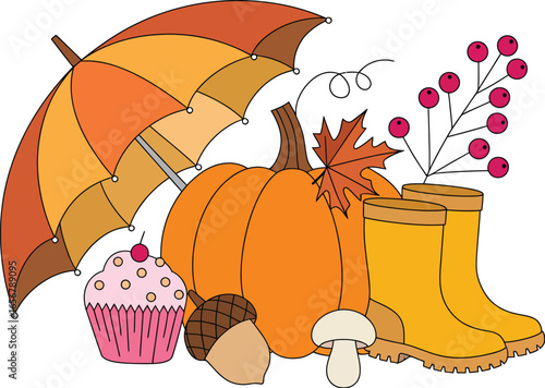 A digital illustration of autumn-themed items arranged on a white background, featuring a pumpkin, umbrella, boots, and seasonal treats, celebrating the cozy fall