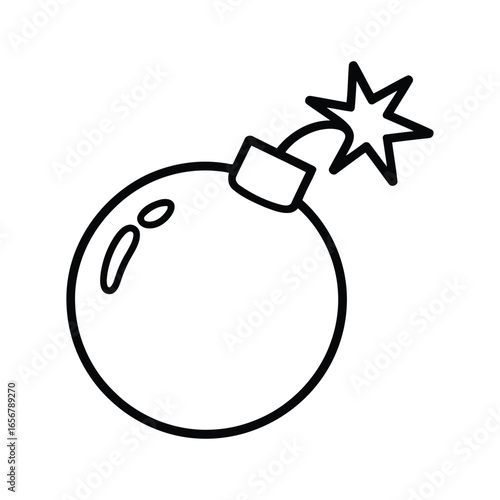 Vector illustration of a cartoon bomb with a lit fuse and star shaped spark in black outline on a white background