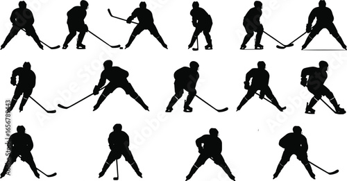 Hockey player silhouette vector set, skating, shooting, defending, holding stick, sports icon design for team, winter, ice sports illustrations