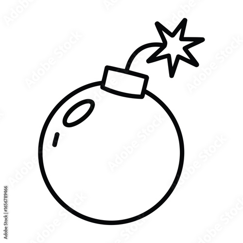Vector illustration of a cartoon bomb with a lit fuse and star-shaped spark in black outline on a white background