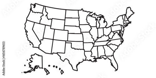 A simple black and white outline map of the united states with state borders visible and hawaii and alaska