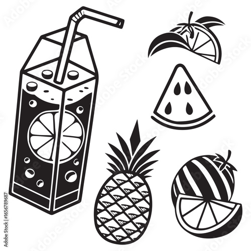 Collection of fresh fruit juice carton and tropical fruits including pineapple watermelon and citrus slices in a simple graphic silhouette style