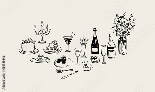 Minimalist hand drawn food and drink vector illustration. Wine, champagne glass, cheese, cake drawings for wedding invitations, menus and parties. Ink doodle sketch style