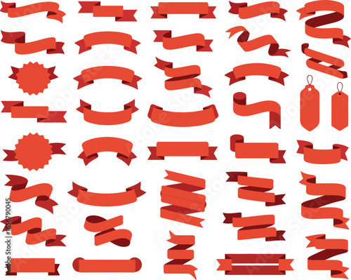 A versatile set of minimalist red and orange ribbon banners, tags, and labels. A flat design vector illustration collection isolated on a white background