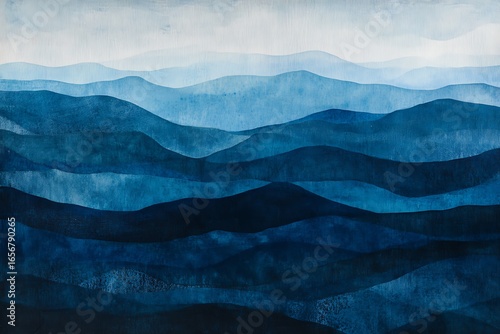 Abstract blue mountain landscape watercolor painting