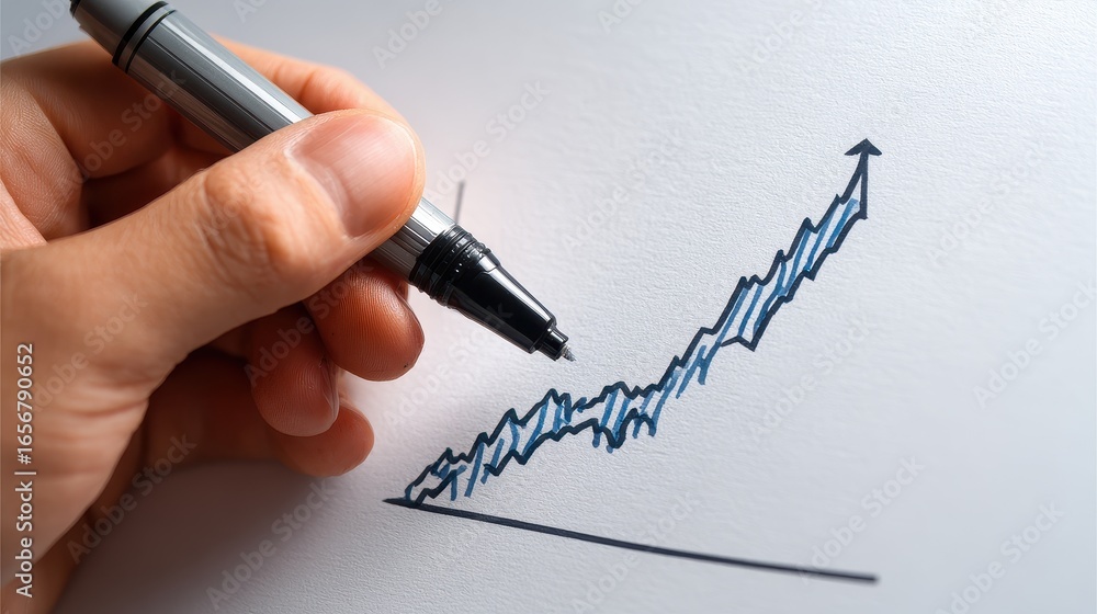 Fototapeta premium Close-up of hand drawing rising financial graph with marker, concept of business analytics and market forecasting on white background, copy space.