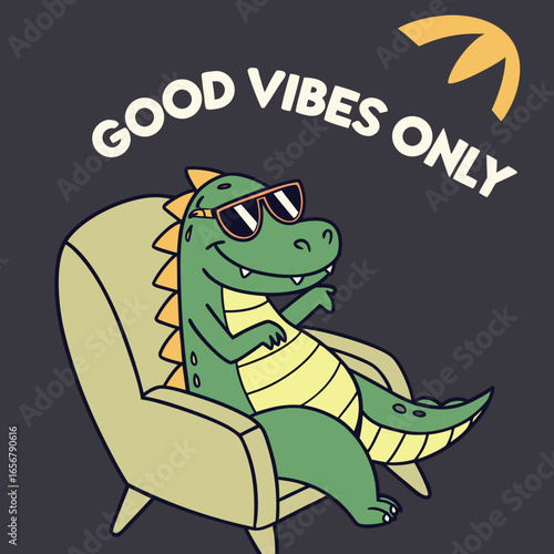 Good Vibes Only
This fun and cheerful image features a cool cartoon crocodile lounging comfortably on an orange chair. The crocodile is wearing stylish sunglasses and has a relaxed, happy expression. 
