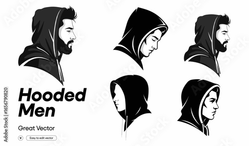 Hooded men portraits in black and white with transparent background