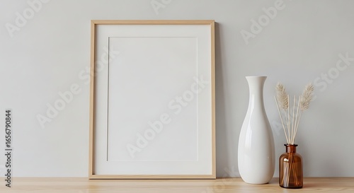 Minimalist wooden frame mockup with elegant white vase and dried reeds on neutral background