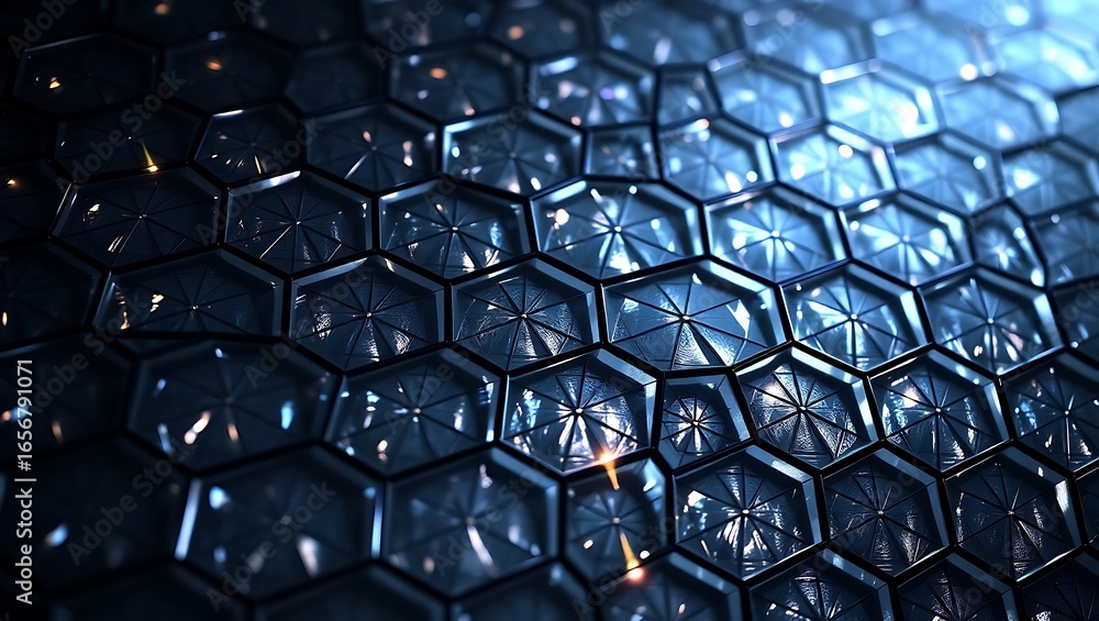 Obraz premium Futuristic Hexagonal Pattern Background with Geometric Shapes and Metallic Texture for Modern Design Projects and Technological Visuals