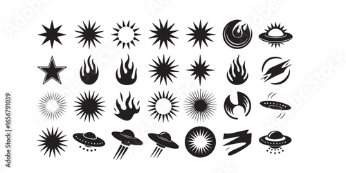 A collection of various black and white icons including stars flames and flying saucers on a white background