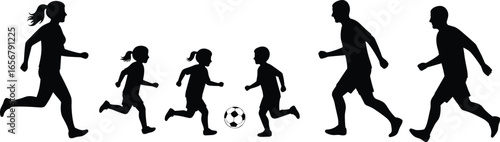 Silhouette of family playing soccer together, active parents and kids running, vector illustration for sports, fitness, health, fun lifestyle