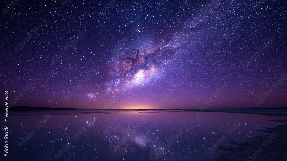 Fototapeta premium Stunning starry night sky with milky way reflection on calm lake.