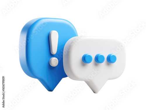 3D illustration of a blue exclamation point bubble overlapping a white speech bubble with three dots