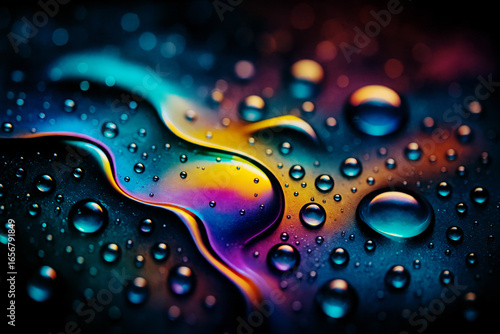 Colorful water droplets on abstract iridescent surface in macro view
