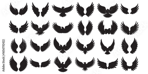 Collection of various black silhouette wings and eagles on a white background illustration