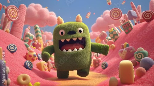 Furry green cartoon monster with horns running through a colorful candy land filled with sweets, lollipops and marshmallows