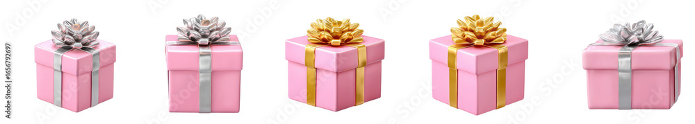 Obraz premium Four pixelated pink gift boxes with gold and silver ribbons