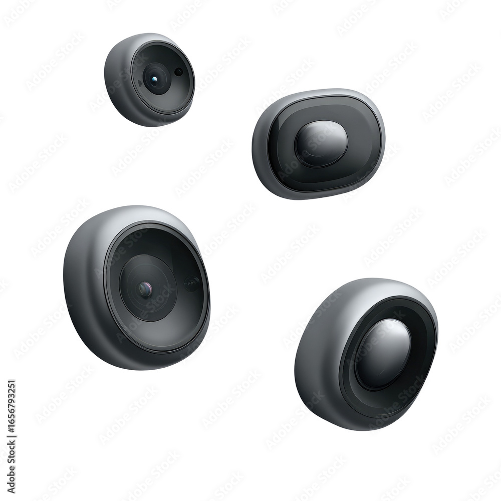 Four gray earbud tips of varying shapes, against a black background. Each tip features a small, dark central element resembling a microphone or speaker. Slight texture is visible on the tips Four gray earbud tips of varying shapes, against a black background. Each tip features a small, dark central element resembling a microphone or speaker. Slight texture is visible on the tips