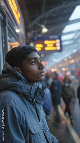 Teen boy in a rain jacket standing on a crowded train platform during a rainy day, looking at the camera with a calm expression