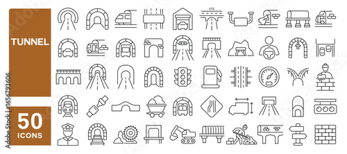 Set of 50 line icons related to tunnel, infrastructure, arch tunnel, road, railroad, Editable stroke. Vector illustration