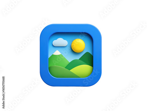 Square, blue app icon.  Simple landscape image inside.  3D effect