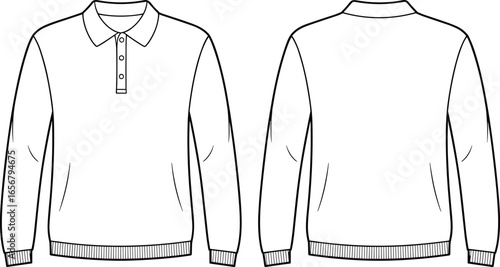 Front view, back view, long sleeve polo shirt, collar, button placket, ribbed cuffs, ribbed hem, casual wear, fashion clothing, template design