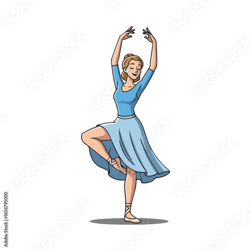 Graceful ballerina in blue costume performing a dance move with elegance and poise, Cartoon Illustration