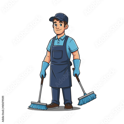 Friendly Janitor Cartoon Character Illustration