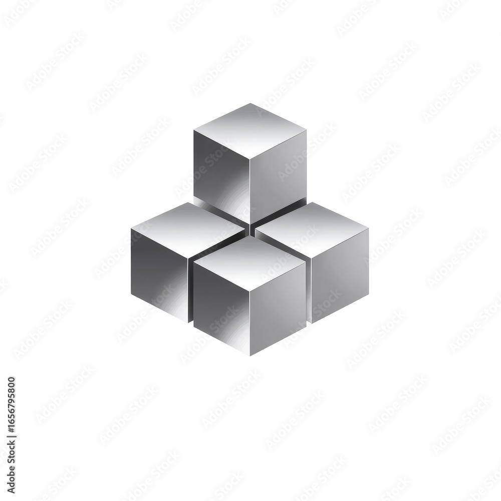 Fototapeta premium Four stacked, light gray cubes, metallic appearance