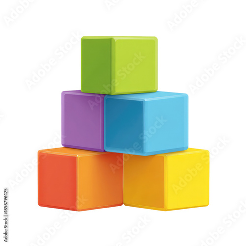 Colorful stack of child's building blocks in various vibrant hues.  A pyramid-like arrangement of five interlocking cubes.  A playful and educational design