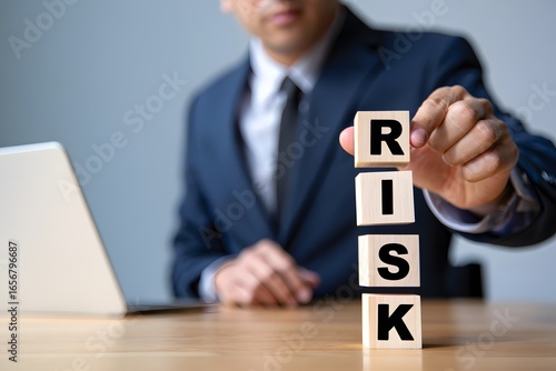 Businessman Adjusting Wooden Blocks Spelling RISK