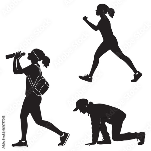 Dynamic silhouettes of active women in various sports poses including running drinking water and preparing for a race silhouette