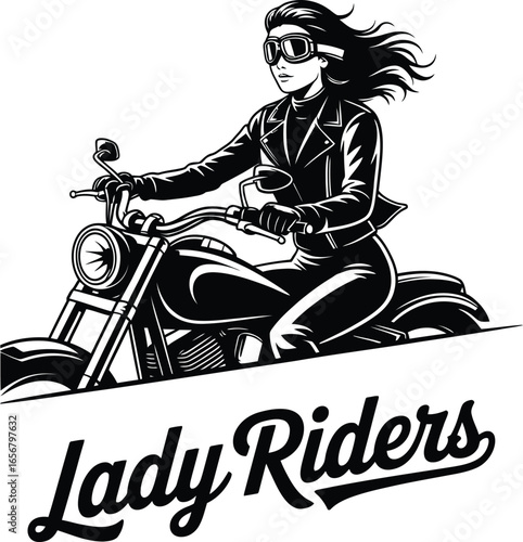 A classic motorcycle club emblem: a vector of a woman riding a bike with the text 'Lady Riders'.