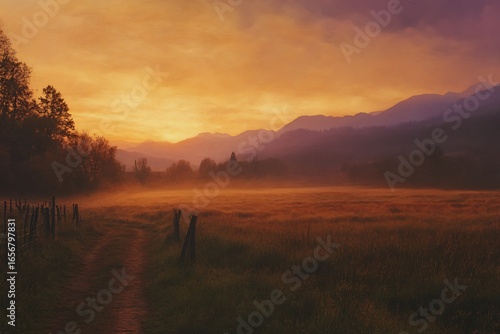 Misty mountain sunrise over a forested valley