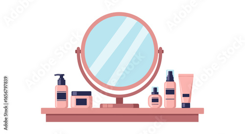A clean, flat vector illustration showcasing a round vanity mirror surrounded by various beauty and cosmetic products on a shelf.