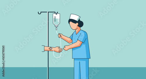 Compassionate Nurse Administering Intravenous Therapy to Patient in Modern Healthcare Setting Featuring Bright Colors and Minimalist Design for Medical Illustrations and Health-Related Content