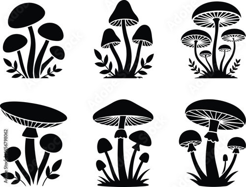 A Collection of Black and White Silhouette Illustrations of Various Mushroom Types