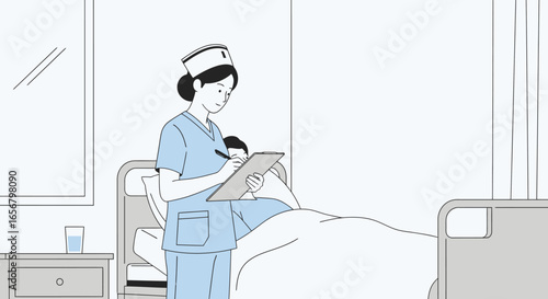 Compassionate Nurse in Scrubs Providing Care with Clipboard beside Patient in Hospital Bed: High-Impact Health Care Scene for Medical, Nursing, and Wellness Projects