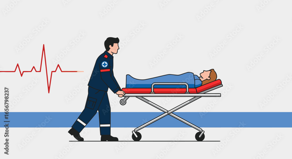 Obraz premium Emergency Medical Services Illustration Featuring Paramedic Transporting Patient on Stretcher with Vital Signs Display, Ideal for Healthcare Promotion, First Aid Training, and Medical Education