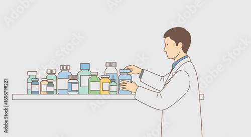 Dedicated Pharmaceutical Research Scientist Organizing a Diverse Range of Prescription Bottles on a Laboratory Shelf in a Modern, Clean Environment Focused on Medical Innovation and Healthcare