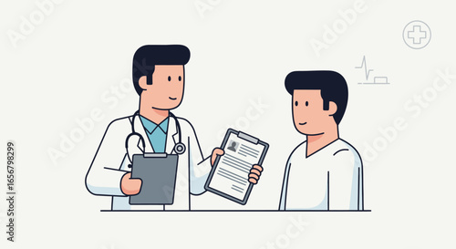 Friendly Doctor Providing Patient Consultation and Health Report in a Modern Medical Setting - Professional Healthcare Interaction Illustrating Patient-Centered Care and Personal Health Management