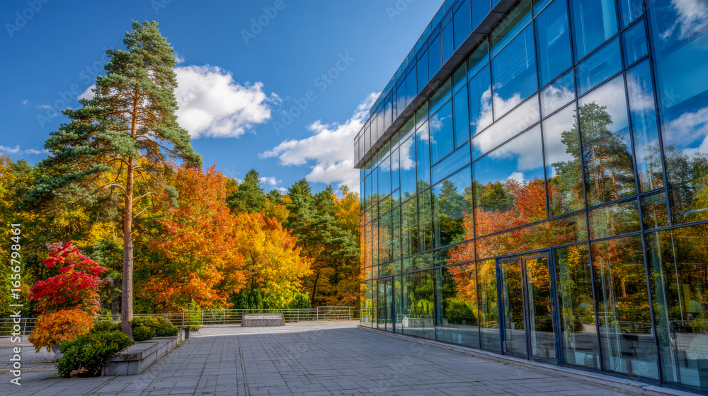 Obraz premium Modern glass building reflects vibrant autumn foliage with colorful trees in the background, showcasing the beauty of nature and architecture in harmony during fall season