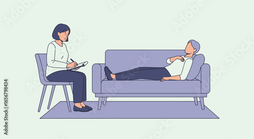 Illustrative Therapy Session Depicting a Psychologist Understanding Patient's Emotions Through Active Listening and Insightful Analysis in a Comfortable Office Setting for Wellness and Support