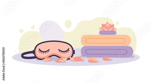 A soft pink sleep mask rests on a bed of rose petals next to neatly stacked towels and a small succulent, creating a serene and relaxing spa-like atmosphere, ideal for promoting wellness and sleep.