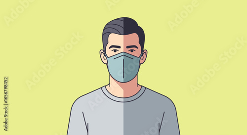 Illustration of a Young Man Wearing a Face Mask against a Bright Yellow Background, Reflecting Modern Health Practices, Safety Precautions, and the New Normal in Everyday Life, Perfect for